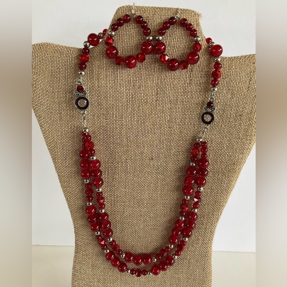 Hand Crafted Necklace & Dangle Earrings Set Fire Red Silver Beads Double Strand